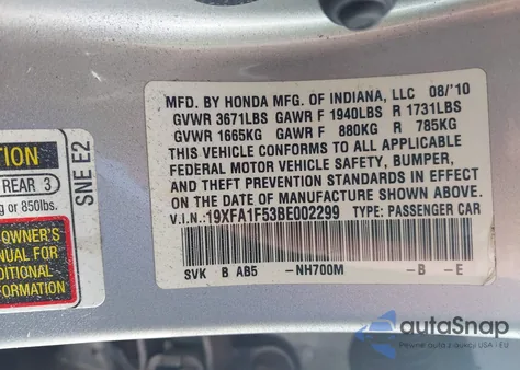 2011 Honda Civic Lx z USA, uszkodzony, nr VIN 19XFA1F53BE002299